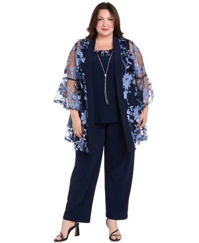 R & M Richards Plus Size Round Neck Top, Jacket & Pants, 3-piece Set In Blue