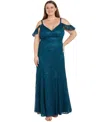 R & M Richards Plus Size Sequin Lace Cold-shoulder Gown In Peacock
