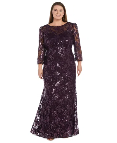 R & M Richards Plus Size Sequined Embroidered Gown In Plum