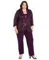 R & M Richards Plus Size Sequined Sleeveless Top, Open-front Jacket & Pants Set In Purple