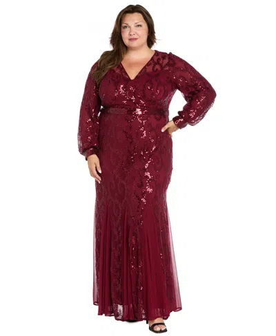 R & M Richards Plus Size Surplice Sequined Gown In Burgundy