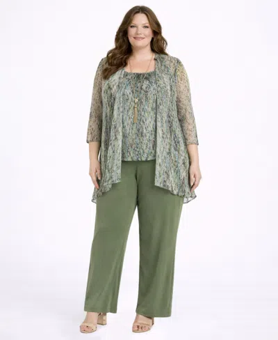 R & M Richards Plus Size Tank Top, Jacket, And Pants, 3-piece Set In Green