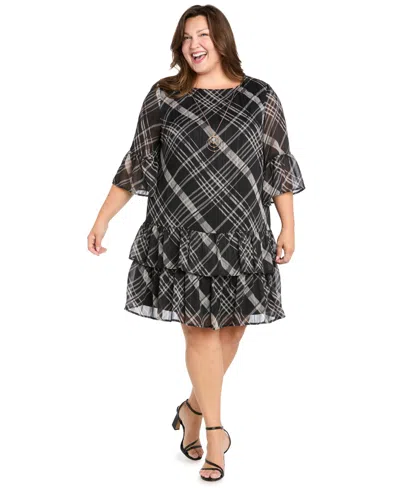 R & M Richards Plus Size Tiered Plaid Short Dress In Black