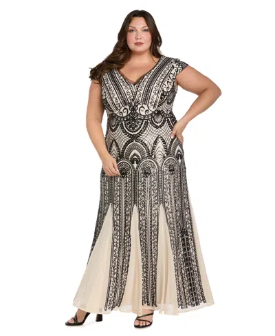 R & M Richards Plus Size V-neck Sequin Design Long Dress In Brown