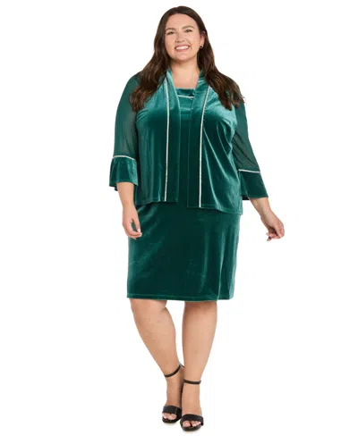 R & M Richards Plus Size Velvet Beaded Crewneck Dress And Jacket, 2-piece Set In Green