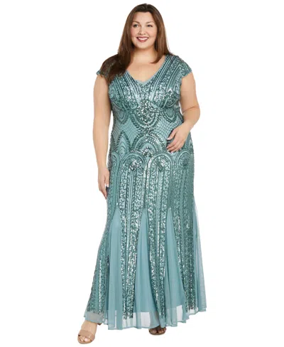 R & M Richards Plus Size V-neck Beaded Dress In Green