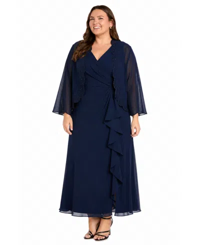 R & M Richards Plus Size V-neck Dress & Jacket, 2-piece Set In Blue