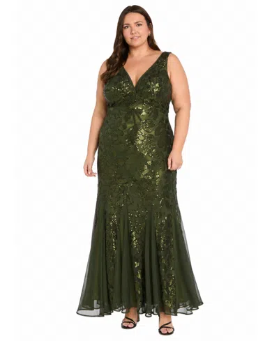 R & M Richards Plus Size V-neck Sequined Gown In Green