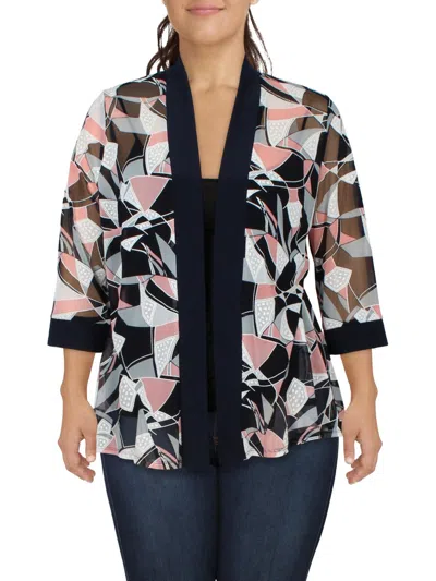 R & M Richards Plus Womens Abstract Open Front Collarless Blazer In Blue