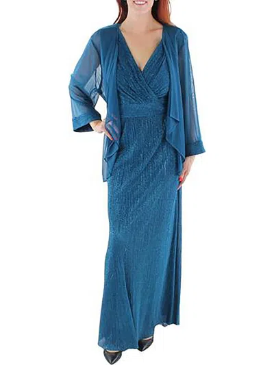 R & M Richards Plus Womens Knit Glitter Evening Dress In Blue