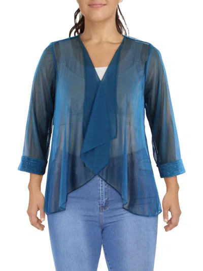 R & M Richards Plus Womens Mesh Glitter Duster Blazer In Blue