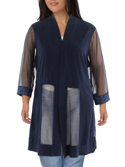 R & M Richards Plus Womens Mesh Sleeves Open Front Jacket In Blue