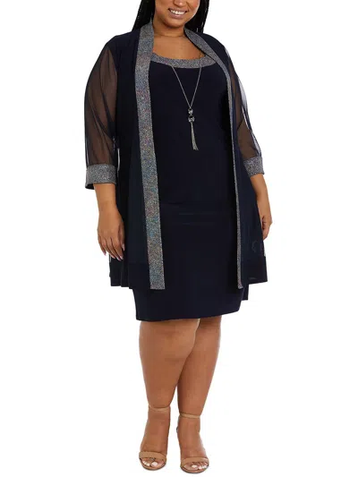 R & M Richards Plus Womens Metallic Duster Open-front Blazer In Navy,silver