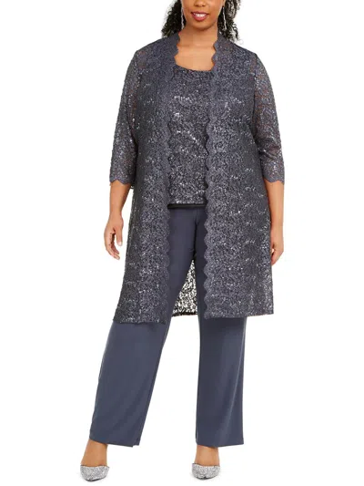 R & M Richards Plus Womens Sequined Lace Pant Suit In Grey