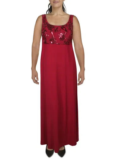R & M Richards Plus Womens Sequined Long Evening Dress In Red