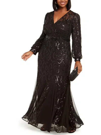 R & M Richards Plus Womens Sequined Mesh Evening Dress In Black