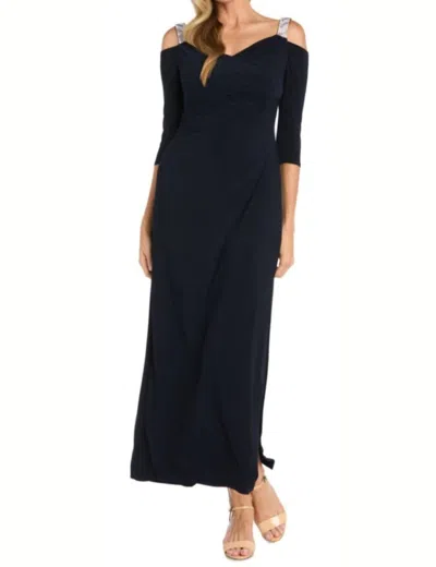 R & M Richards Rhinestone Cold Shoulder Long Evening Dress In Navy In Orange