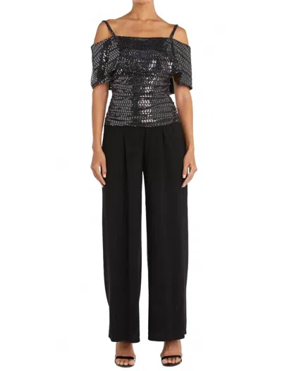 R & M Richards Sequin Off The Shoulder Jumpuit In Silver Black In Multi