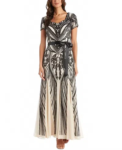 R & M Richards Sequined Belted Maxi Dress In Champagne Black In Multi