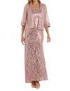 R & M Richards Sequined Evening Jacket & Dress Set In Blush In Gold