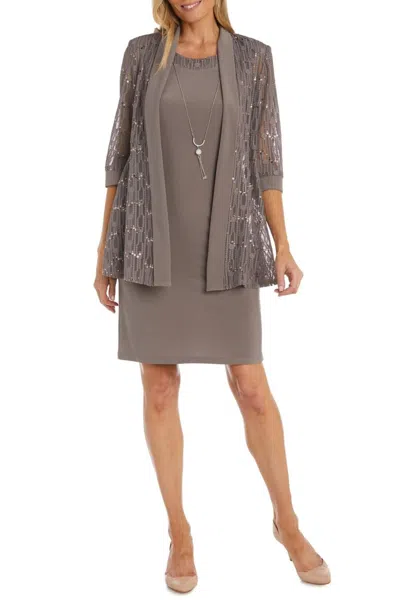 R & M Richards Sequined Lace 3/4 Sleeve Jacket & Dress Set In Mocha In Brown