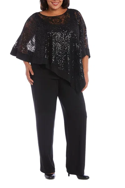R & M Richards Sequined Lace Poncho 2-piece Pants Set In Black
