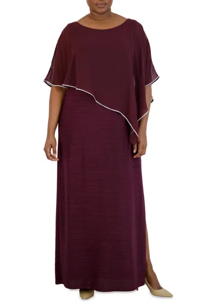 R & M Richards Sheer Cape Long Evening Dress In Burgundy In White