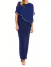 R & M Richards Sheer Cape Long Evening Dress In Royal In Blue