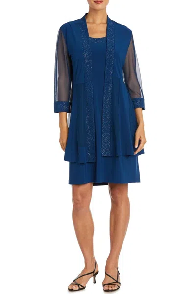 R & M Richards Shimmery 3/4 Sleeve Jacket & Dress Set In Royal In Blue