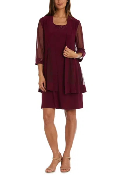 R & M Richards Sparkle Mesh Knee-length Jacket & Dress Set In Merlot In Red