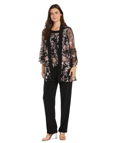 R & M Richards Women's 2-pc. Embroidered Illusion-sleeve Top & Pants Set In Rose,black