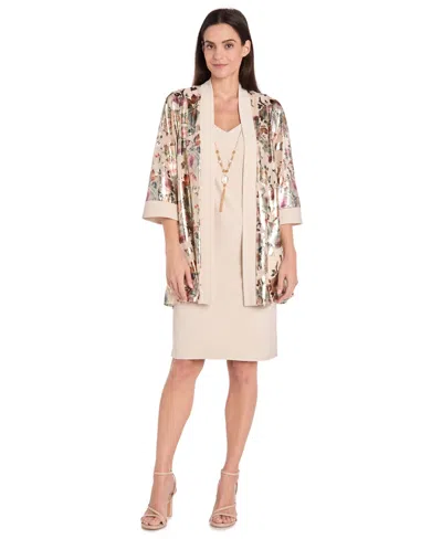 R & M Richards Women's 2-piece Foil Printed Fingertip Jacket Dress With Solid Tank And Detachable Necklace In Neutral