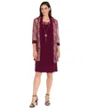 R & M Richards Women's 2-piece Paisley Printed Jacket With Necklace And Dress In Burgundy