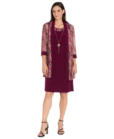 R & M Richards Women's 2-piece Paisley Printed Jacket With Necklace And Dress In Burgundy