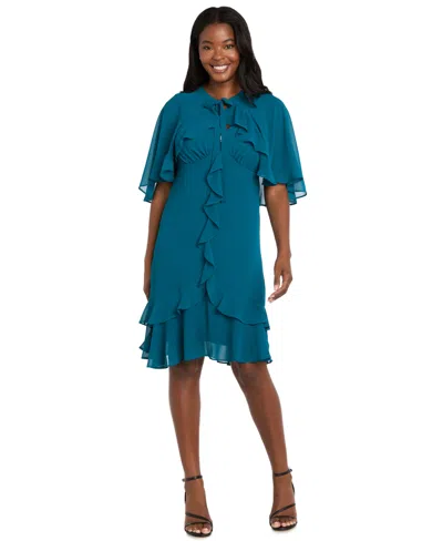 R & M Richards Women's 2-piece Ruffle Detail Dress With Capelet In Blue