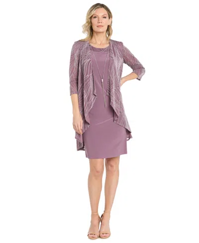 R & M Richards Women's 2.piece Metallic Print Open-front Jacket & Scoop-neck Necklace Dress In Silver