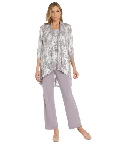 R & M Richards Women's 3-pc. Metallic Jacquard Jacket, Tank Top & Pant Set In Gray
