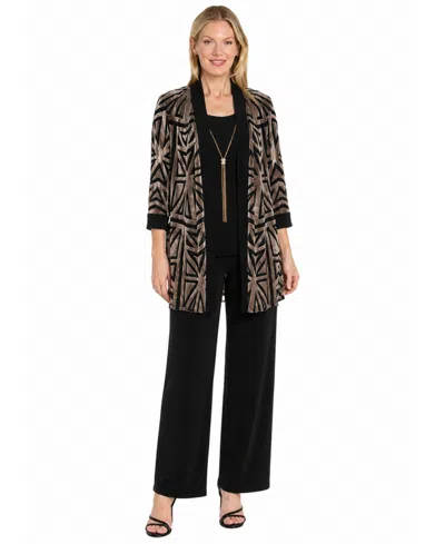 R & M Richards Women's 3-peice Flocked Duster Jacket And Pant Set In Black,taupe