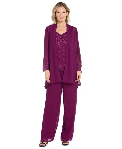 R & M Richards Women's Beaded Georgette Pull-on Tank Top, Jacket & Pants, 3-piece Set In Purple