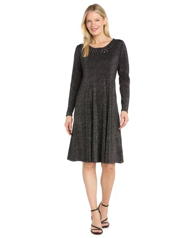 R & M Richards Women's Beaded Long-sleeve Fit & Flare Dress In Black