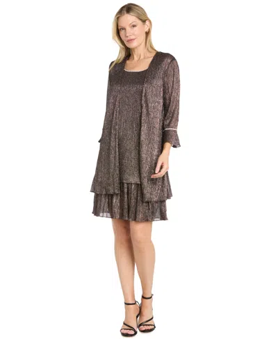 R & M Richards Women's Beaded Metallic-pleat Scoop Neck 2-piece Jacket Dress In Brown