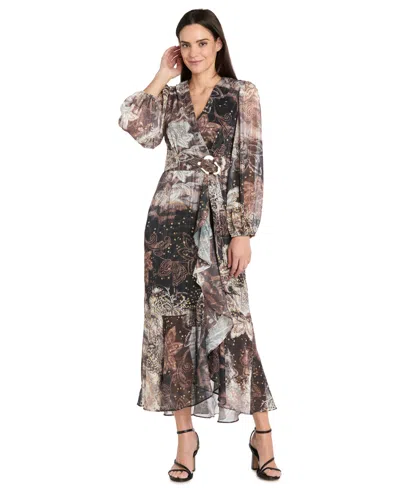 R & M Richards Women's Chiffon Surplice-neck Midi Dress In Brown