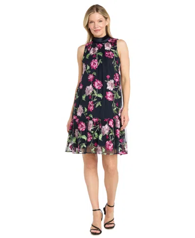 R & M Richards Women's Embroidered Mesh Trapeze Halter Neck Dress In Multi