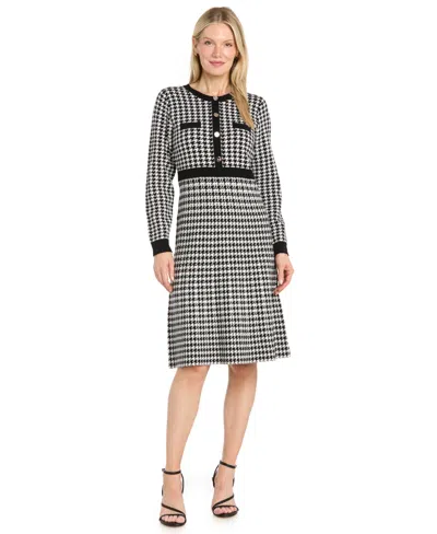 R & M Richards Women's Fit Flare Houndstooth Long-sleeve Dress In Black