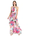 R & M Richards Petite Floral Halter Ruched-waist Gown In Multi