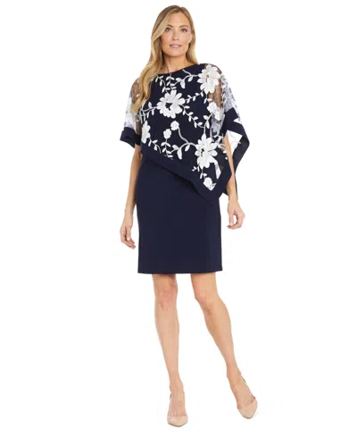 R & M Richards Women's Floral-embroidered Poncho Dress In Navy,white
