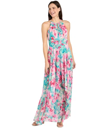 R & M Richards Plus Size Printed Overlay-skirt Maxi Dress In Jade,pink