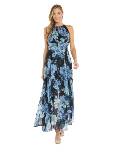 R & M Richards Women's Floral-print Keyhole Maxi Dress In Navy