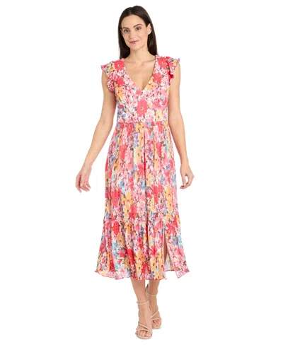 R & M Richards Women's Floral V-neck Pleated Dress In Coral,multi