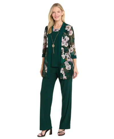 R & M Richards Women's Floral-print Mesh Wide-leg Jacket, Cami And Pants Set In Green